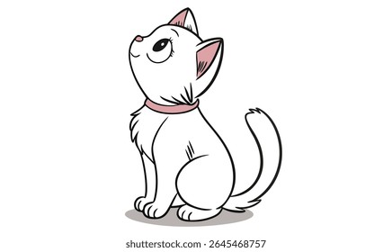 Adorável gatinho branco dos desenhos animados olhando para cima ilustração do gato bonito com colarinho rosa