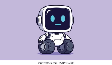 Adorable robot de dibujos animados blanco con una cara de pantalla que muestra ojos azules y una boca, con ruedas Grandes y brazos Pequeños.