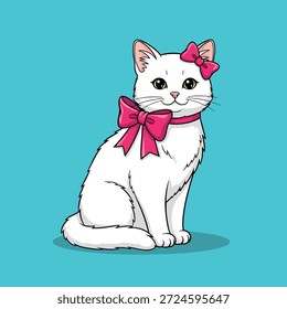 Um gato branco adorável adornado com dois arcos cor-de-rosa, um na cabeça e um em torno do pescoço, sentado graciosamente sobre um fundo azul vibrante.