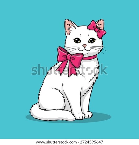 An adorable white cat adorned with two pink bows, one on its head and one around its neck, sitting gracefully against a vibrant blue background.