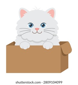 Adorable white cat with blue eyes and pink nose peeking out from brown cardboard box, playful curious mood