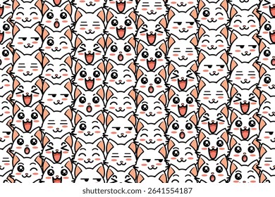 Adorable white cat faces with various expressions form a delightful seamless pattern. Perfect for textiles, digital papers, and children's designs.

