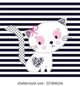 adorable white cat girl striped background vector illustration