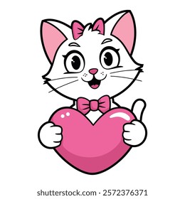 Adorable White Cat Holding a Pink Heart Illustration