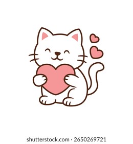 Adorable white cat holding pink heart, kawaii cartoon style animal illustration for kids and Valentine's design
