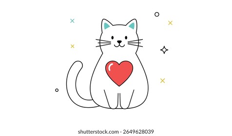 Adorable white cat illustration with a big red heart symbol on its chest surrounded by sparkling decorations