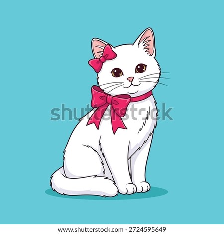 Adorable white cat with a pink bow around its neck and on its head, sitting gracefully on a vibrant blue background.