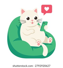 Adorable white cat sitting on green bean bag chair holding phone with heart symbol