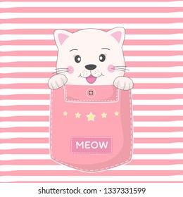 Adorable white cat sitting in a pocket and smiling fun. Sweet kids graphics for t-shirts. Greeting card. Vector illustration.