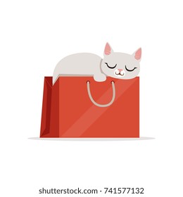 Adorable white cat sleeping in a red shopping bag, home pet resting cartoon vector Illustration