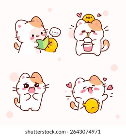 Adorable white cat and yellow chick in various cute expressions—reading, hugging, drinking, and feeling shy. Perfect for stickers, messages, and kawaii-themed designs.