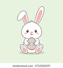 Conejo de Pascua blanco adorable que sostiene un huevo decorado