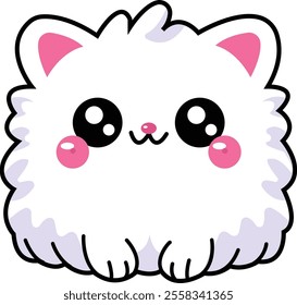 Adorable White Fluffy Cartoon Cat With Big Eyes and Cute Expressions.