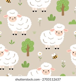 Adorable blanco esponjoso ovejas y árboles sin patrón de Vector sobre un fondo beige suave. Perfecto para textiles para bebés, decoración de vivero, papel de regalo o impresión de tela.