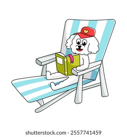 Adorable white furry dog wearing a pink cap reading a book while relaxing on a beach chair, sunny day outdoors