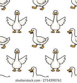 Adorables gansos blancos con alas extendidas y poses para caminar, formando un encantador patrón de Vector sin costuras sobre un fondo blanco limpio.