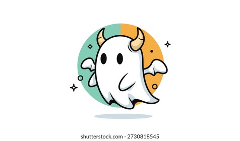 Adorable white ghost character with small horns and tiny wings floating in front of a green and orange circle with stars and bubbles.