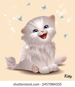 Adorable gatito blanco y mariposas. Ilustración vectorial