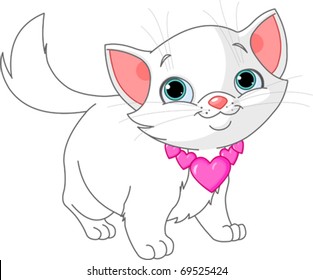 Adorable white kitten with collar made from hearts