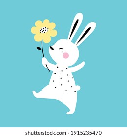 Adorable White Little Bunny Walking with Spring Flower, Easter Egg Hunt Card, Poster, Invitation Design Cartoon Style Vector Illustration