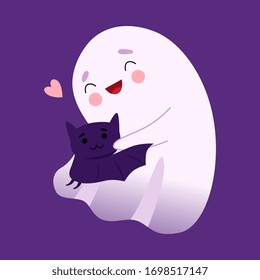 Adorable White Little Ghost Hugging Bat, Cute Halloween Spooky Character Vector Illustration