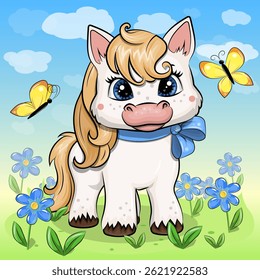 Adorável Pônei Branco com Fita Azul no Campo de primavera com Borboletas. Ilustração vetorial de um animal sobre um fundo azul.