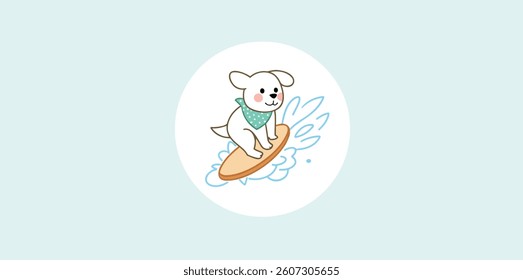 adorable white puppy cartoon riding a surfboard