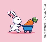 Adorable white rabbit character happily pushing a blue shopping cart filled with a large orange carrot on a pink background.