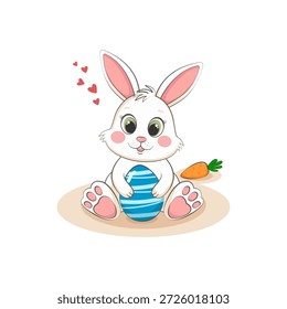 Bezaubernde weiße Kaninchenfigur sitzt mit einem dekorierten blauen Osterei, roten Herzen und einer Karotte. Perfekter Vektorclipart für Urlaubsaufkleber, Kindergartendrucke und Grußkarten.