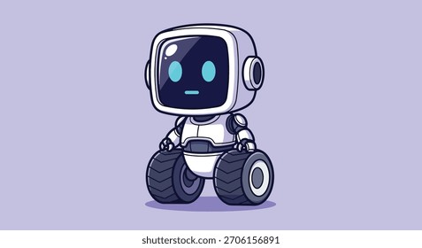 Adorable robot blanco con una cara de pantalla, ojos azules brillantes y Grandes ruedas negras, representado en un estilo de dibujos animados amigable.