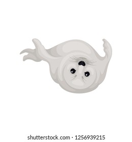 Adorable white seal lying upside down with flippers up. Cute marine mammal. Arctic animal. Flat vector icon