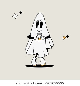 Adorable white sheet ghost character with coffee cup in vintage style, Halloween groovy mascot