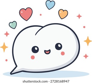 Adorable white speech bubble character with big sparkling eyes, blushing cheeks, smiling mouth, surrounded by red and blue floating hearts and stars, expressing love emotion