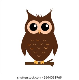 Adorable wide-eyed brown cartoon owl sitting on a branch, perfect for educational, autumn, or wildlife-themed graphics.