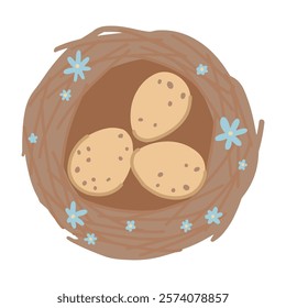 Adorable wild bird nest with eggs clipart. Spring time doodle. Vector illustration in cartoon style isolated on white.