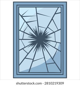 Adorable Window Broken with Cracked Glass Cartoon on Brick Wall