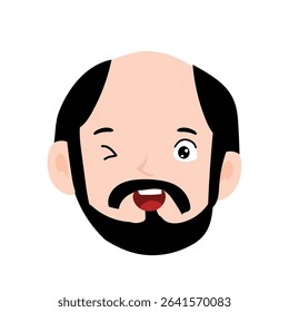 Adorable wink man expression face. Emoticon avatar of a man with a mustache and a beard