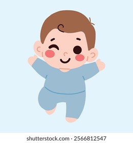 Adorable Winking Baby Boy in Light Blue Onesie Happy Infant Cartoon Illustration