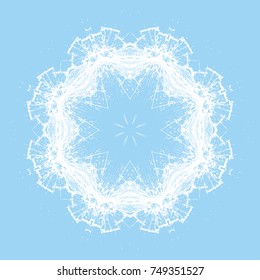 Adorable winter crystal snowflake, isolated on light blue background. Christmas, New Year snowflake. One big element. Grunge broken glass decoration. Beautiful crystal print for card, paper, textile