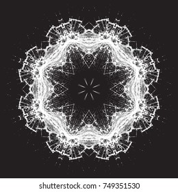 Adorable winter crystal snowflake, isolated on pure black background. Christmas, New Year snowflake. One big element. Grunge broken glass decoration. Beautiful crystal print for card, paper, textile