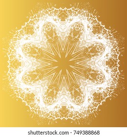 Adorable winter crystal snowflake, isolated on golden background. Christmas, New Year snowflake. One big element. Grunge broken glass decoration. Beautiful crystal print for card, paper, textile