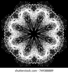 Adorable winter crystal snowflake, isolated on pure black background. Christmas, New Year snowflake. One big element. Grunge broken glass decoration. Beautiful crystal print for card, paper, textile