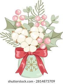 An adorable winter holiday illustration featuring a beautiful bouquet of white cotton flowers, pink berries, eucalyptus leaves, and green holly branches arranged inside a light green mason jar decorated with a golden snowflake pattern and a large, vibrant red ribbon bow. Isolated on transparent background, perfect for Christmas stickers, sublimation, and festive designs.