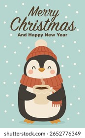 Adorable winter illustration featuring a smiling penguin in a red hat and scarf holding a warm drink. Surrounded by falling snow with a festive Merry Christmas and Happy New Year message.