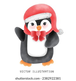 Adorable Winter Penguin with Red Scarf and Hat Whimsical Christmas Illustration