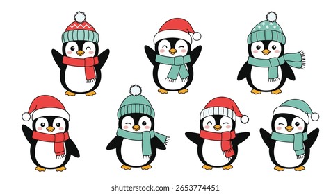 Adorable winter penguins dressed in festive hats and scarves for the holiday season