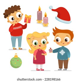 Adorable winter set of children characters and christmas symbols, isolated on white