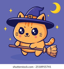 Adorable Witch Cat Flying on Broomstick | Halloween Vector Illustration