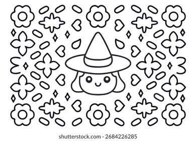 Adorable witch character illustration features a smiling face and a pointed hat, surrounded by flowers and playful shapes, perfect for creative design use