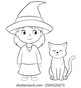 Adorable witch girl standing with a smiling cat, black and white outline, Halloween web graphics, childrens books. Simple and friendly design ideal for coloring pages